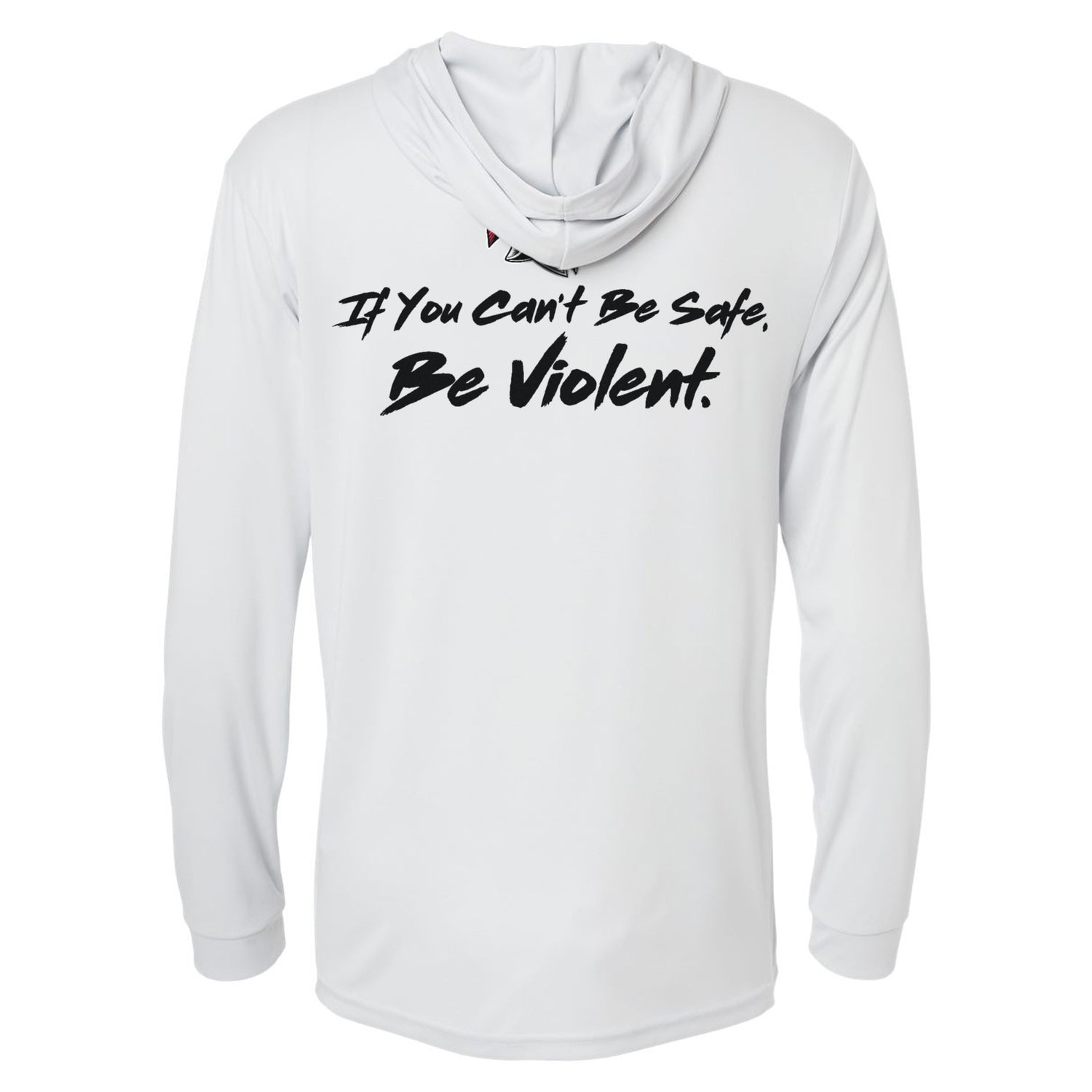 Be Violent Performance Hooded Long Sleeve — Aluminum, back view